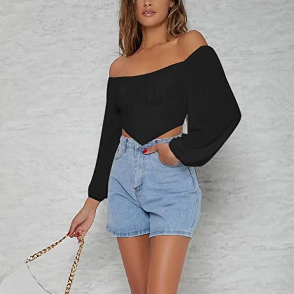 Women's Leopard Print Puff Long Sleeve Square Neck Crop Blouse Tops - Picture 5 of 5